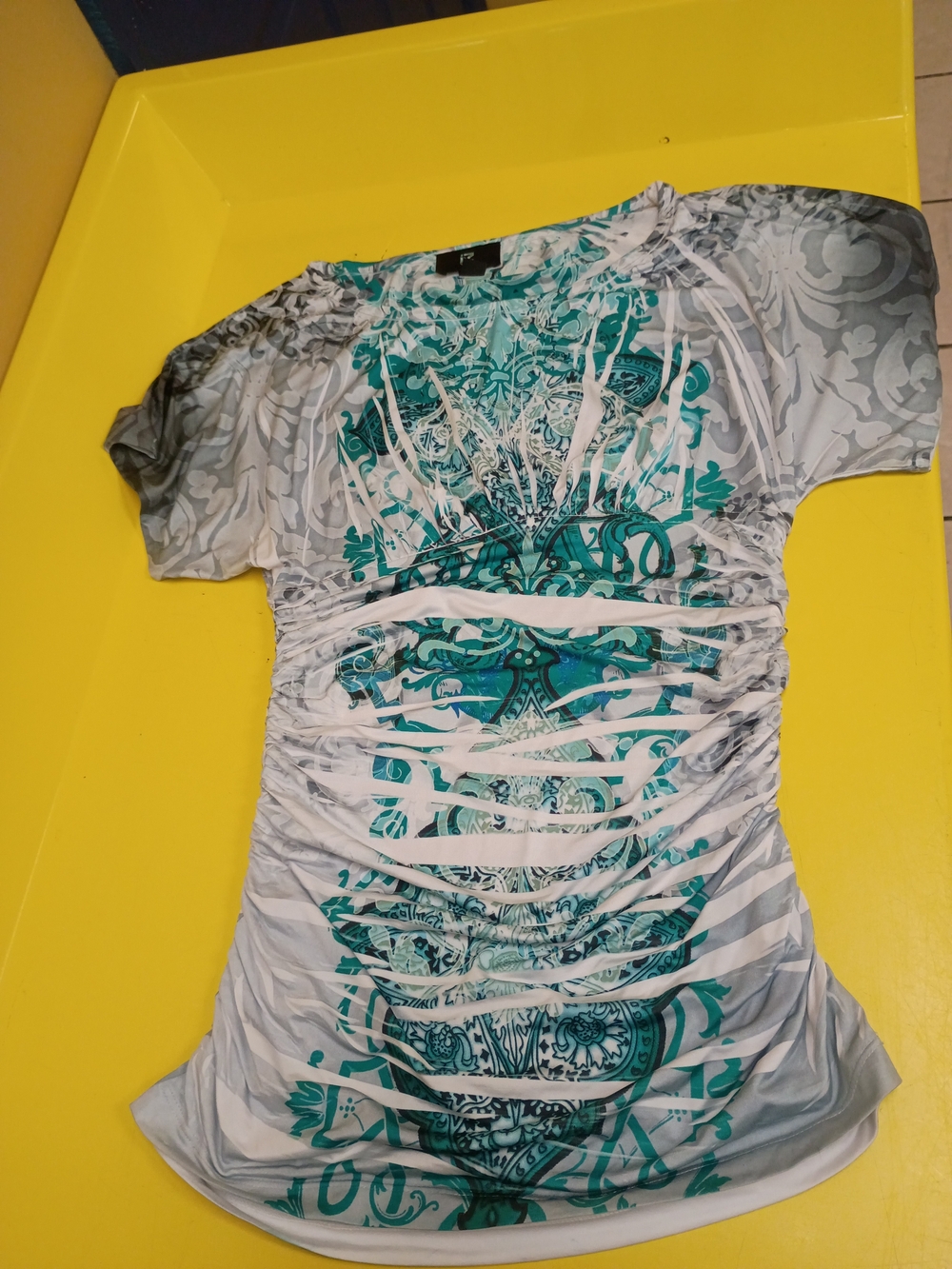 Ruched Teal and White Short Sleeve Graphic Tee